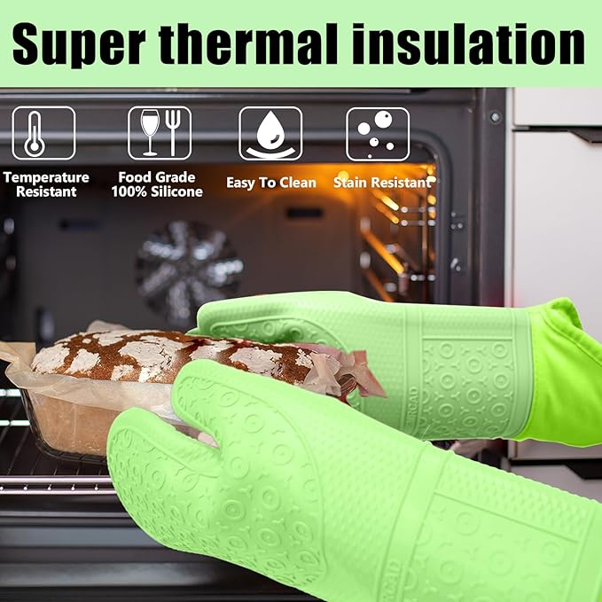 Oven Mitts with Heat-Resistant Hot Pads and Five Silicone Spatulas Designed for Kitchen Baking Cooking, Oven Glove Soft Cotton Lining, Waterproof, BPA-Free (Fluorescent Green, 15.7)