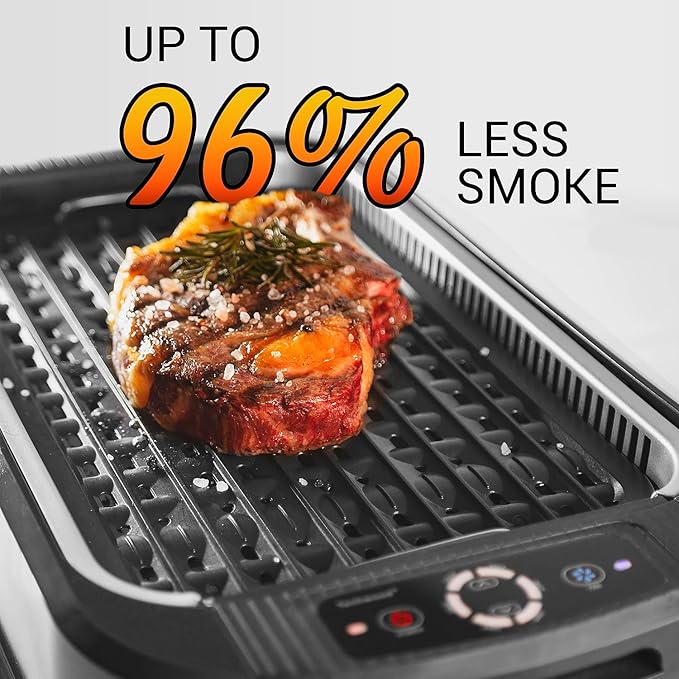 Indoor Smokeless Grill, Techwood 1500W Electric Indoor Grill with Tempered Glass Lid, Portable Non-stick BBQ Korean Grill, Turbo Smoke Extractor Technology, Drip Tray& Double Removable Plate, Black