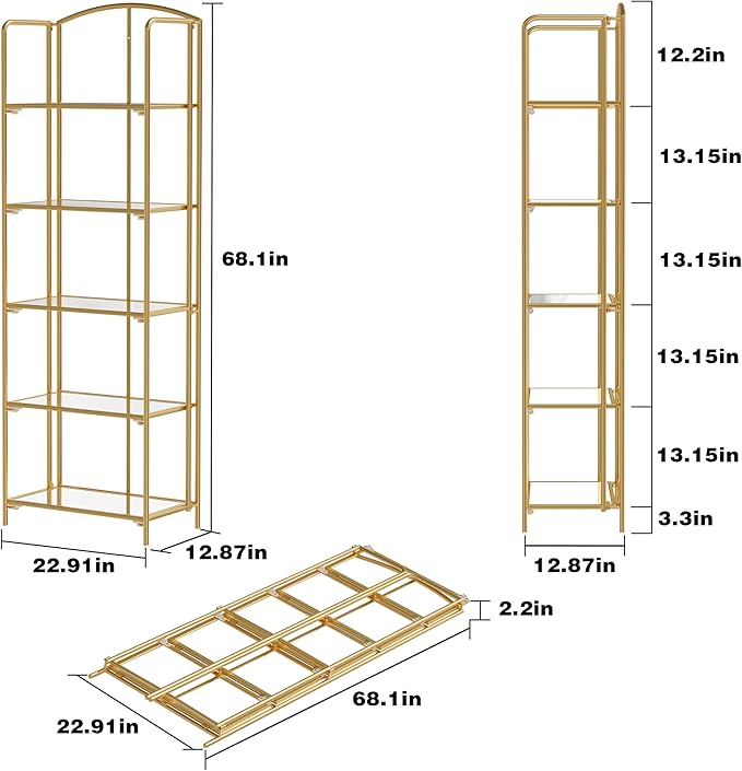 Crofy No Assembly Folding Bookshelf for Living Room, 5 Tier Gold Collapsible Book Shelf for Home Office, Portable Bookcase Storage Organizer