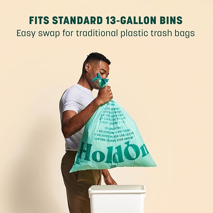 HoldOn Large Trash Bags 13 Gallon – Plant-Based Garbage Bags with Drawstring Handles for Tall Trash Bins – Trash Bags for Kitchen Bin (40 bags, Pack of 2), Green