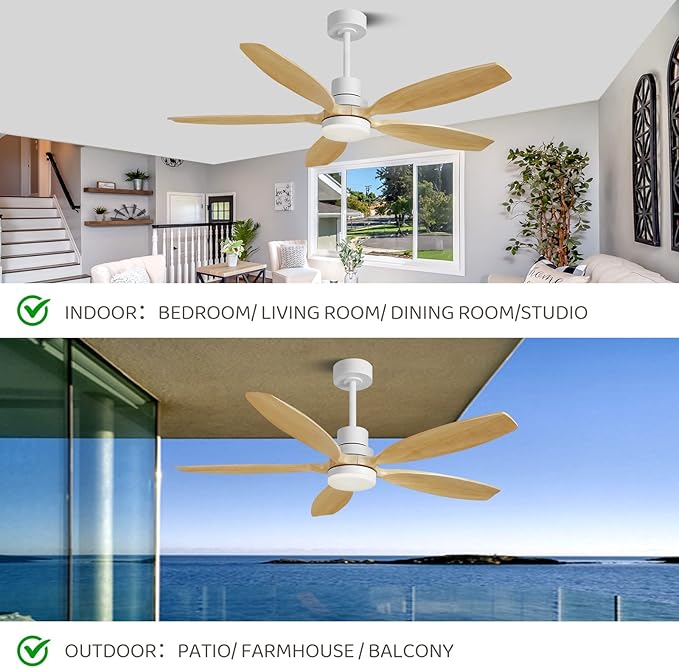 52" Ceiling Fan with Light and Remote,Reversible DC Motor,6Speed,Modern Natural Wood Ceiling Fan with Dimmable LED for Outdoor Patios Bedroom Living Room,Original Walnut and White