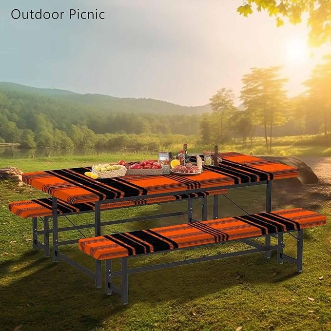 CAPSCEOLL Fitted Picnic Table Cover with Bench Covers with Elastic 6Ft Waterproof Camping Picnic Table Cover Cloths for Outdoors Camping Tablecloth with Drawstring Bag, 72X30in, Orange Plaid