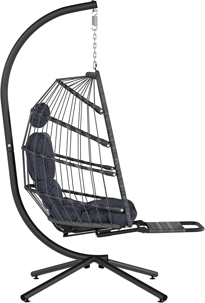 SWITTE Egg Chair Outdoor with Footrest & Stand, Indoor Wicker Hanging Egg Swing Chair with Cushion for Patio, Bedroom, Garden - Dark Gray
