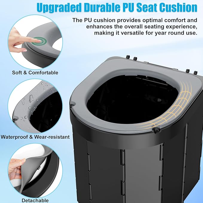 Portable Camping Toilet with PU Cushion, Folding Porta Potty for Adults with Lid and Toilet Paper Holder, Waterproof Camping Toilet with Lid for Camping, Hiking, RV Travel, Road Trips