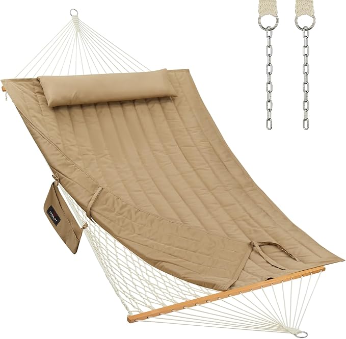 Outdoor Double Hammock with Hardwood Spreader Bars, Large Rope Hammock with Polyester Pad and Pillow, 475 LBS Capacity for 2 Person Patio Backyard Poolside - Tan