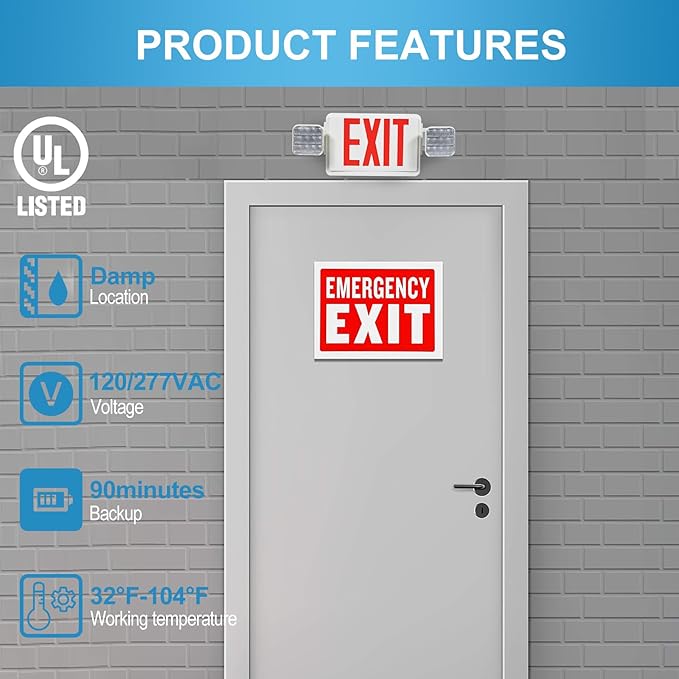 Double Sided LED Emergency EXIT Sign, Remote Capable, Two LED Flood Lights, Backup Battery, US Standard Red Letter Emergency Exit Lighting, Commercial Grade, 120-277V, FireResistant(UL 94V-0) (6 Pack)