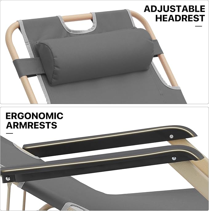 MoNiBloom Patio Lounge Chair Set of 2 Folding Lawn Lounger Outdoor Camp Reclining Chair with Adjustable Headrest for Garden Yard Pool Side, 330lbs Capacity