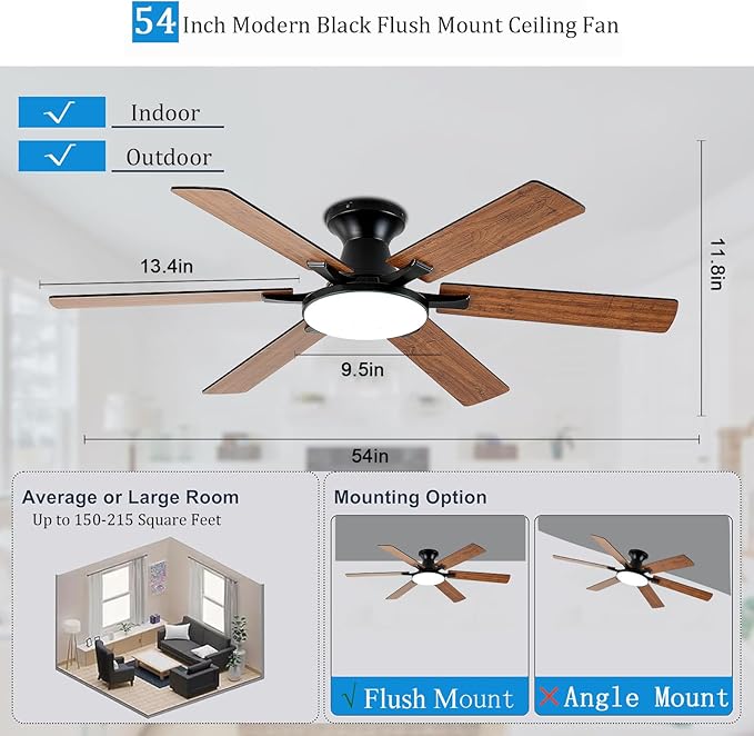 Ceiling Fans with Lights,54 Inch Low Profile Ceiling Fan with Light and Remote Control,6 Speeds/6 Blade,Flush Mount,LED Dimmable DC Reversible Modern, Brown Ceiling Fan for Bedroom/Living Room