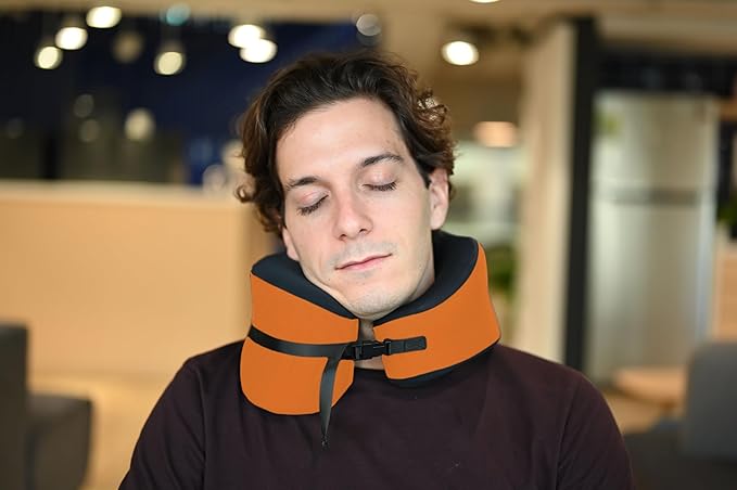 C CUSHION LAB Travel Pillow, Award-Winning Patented Ergonomic Design for Chin & Neck Support Memory Foam Neck Pillow, Compact Airplane Pillow for Traveling, Flight, Car (Dynamic Orange, Large)