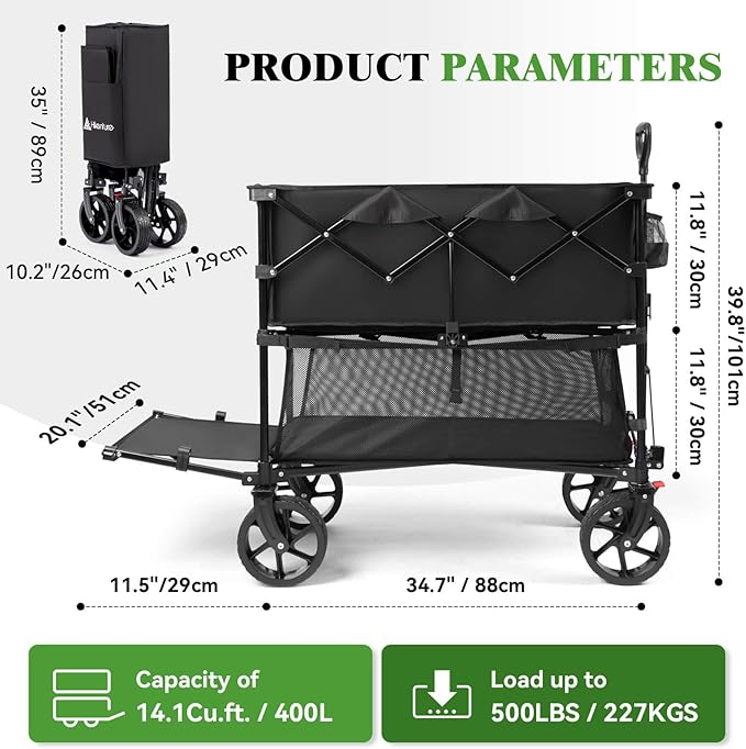 Hikenture Double Decker Wagon, 400L Extra Large Beach Wagon with Big Wheels for Sand, 500LBS Heavy Duty Collapsible Cart with Tailgate, Utility Carts Foldable for Beach, Sports