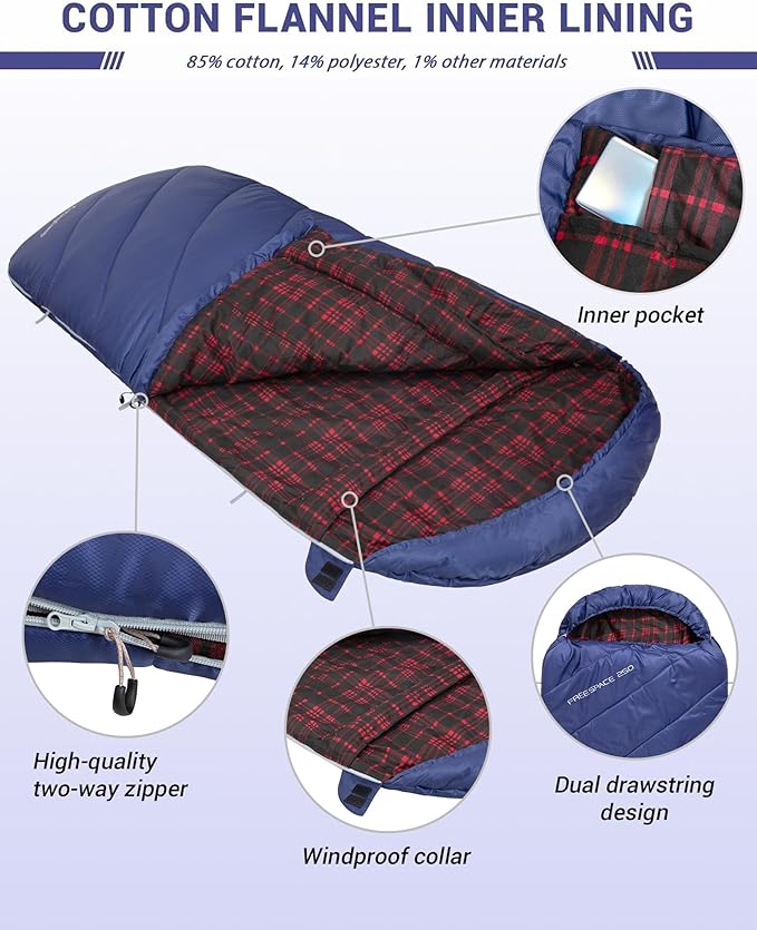 KingCamp Sleeping Bag for Adults, Cold Weather & Warm Extra Wide Big & Tall XL Portable Waterproof Flannel Sleeping Bags, Essentials Gear Accessories for Camping Backpacking Hiking Indoor & Outdoor