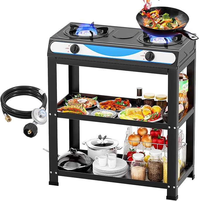 2 Burner Propane Gas Stove,19000BTU Portable Gas Stove with Support Leg Stand and Adapter Auto Ignition Camping Stove,propane burner for RV, Apartment, Outdoor Cooking