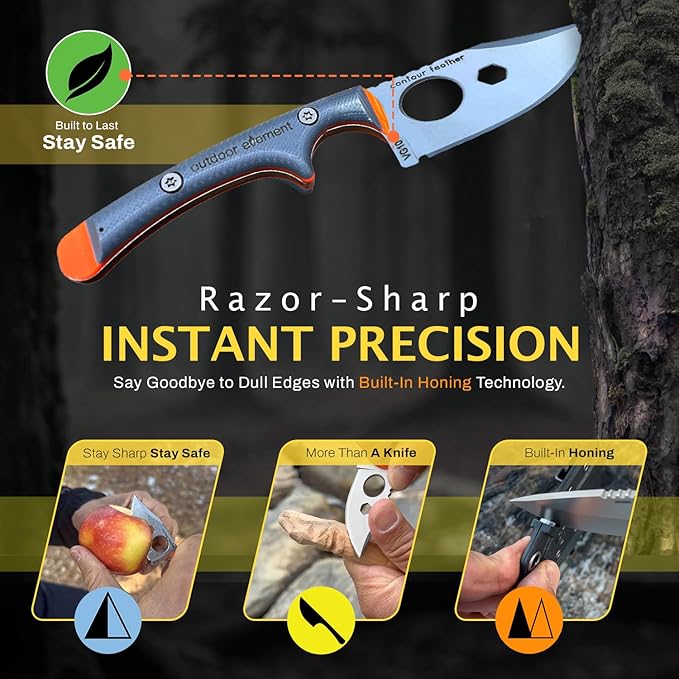 Contour Feather Survival and Culinary Knives – VG10 Steel Fixed Blade with Fire Starter, Hex Driver, Knife Sharpener, Sheath & Built in Whistle - Built For Camping & Outdoor Adventure