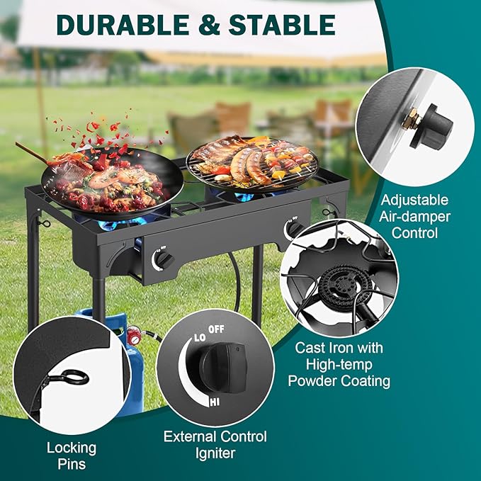 2 Burner Propane Gas Stove | 150,000 BTU High-Pressure Heavy-Duty Camping Stove with Regulator, Detachable Legs | Portable for Outdoor, Backyard, Patio BBQ, Baking, Frying, Brewing, Tailgating