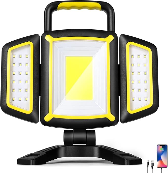 Yzoni Rechargeable Work Light, 30W 3000Lumen LED Work Light with 5 Modes, Battery Powered Magnetic Lights with 360°Rotate Foldable Design, Job Site Lighting for Car Repair, Garage, Workshop, Camping