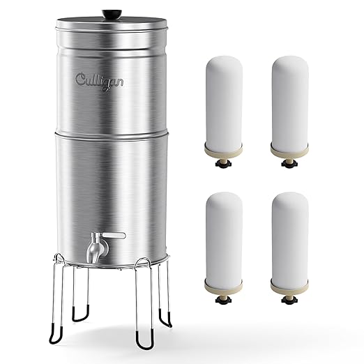 Culligan with MaxClear Technology 2.25 Gallon Gravity Water Filter System, Brushed Countertop Ceramic Water Filter NSF/ANSI Certified to Reduce Lead, Microplastics & Total PFAS, with 4 Filters