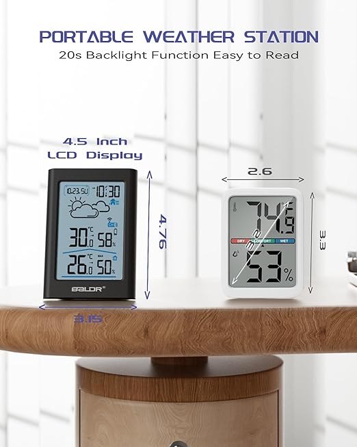 BALDR Weather Stations Wireless Indoor Outdoor,4.5 Inch Display Temperature and Humidity Monitor, Battery Weather Station with 330ft Range Sensor and Adjustable Backlight