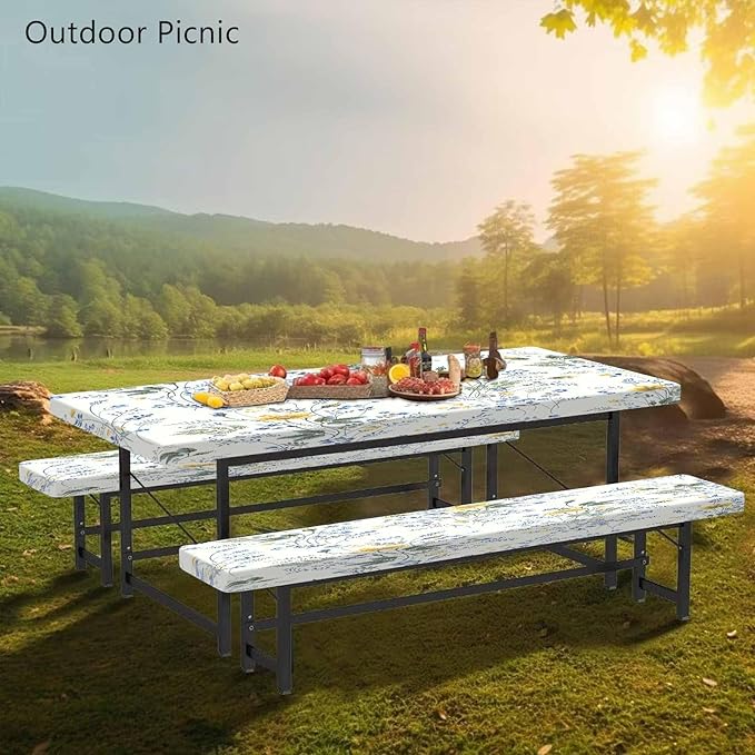 CAPSCEOLL Picnic Table Cover with Bench Covers Wind & Water-Resistant Camping Tablecloth Outdoor Table Protector with Drawstring Bag for Camping Essentials, 72X30in, Blue Yellow Flowers