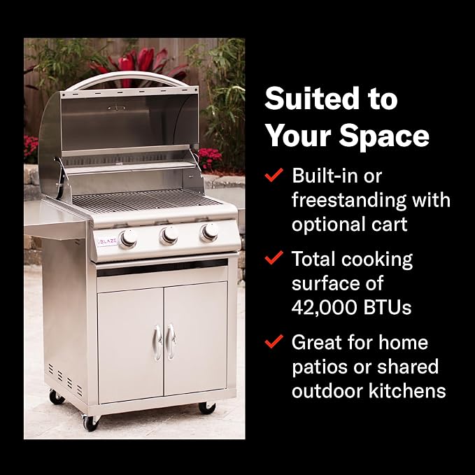 Blaze Prelude LBM Built-in Natural Gas Grill | 25-Inch 3-Burner BBQ with 42,000 BTUs | 304 Stainless Steel Construction | Flame Stabilizing Grids BLZ-3LBM-NG