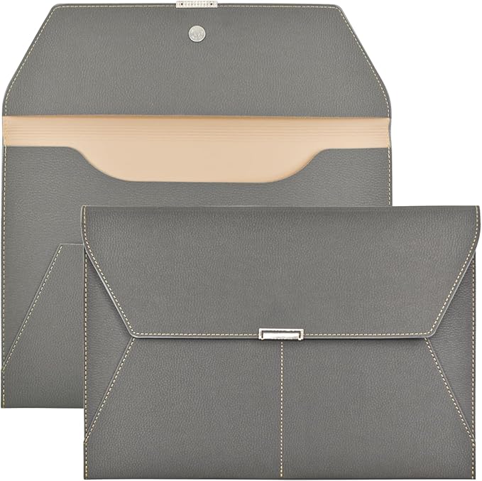 VANRA File Folder Document Holder Organizer Waterproof Portfolio Leather Folder Case with 3 Pockets, Filing Envelopes for A4 Letter Size Paper with Snap Magnetic Button Closure (Gray)
