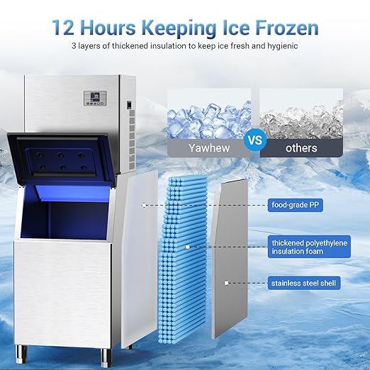 Commercial Ice Maker Machine 550Lbs/24H – 12 Adjustable Thickness Settings, 400Lbs Storage, Ideal for Restaurant, Bar, Hotel, Cafe