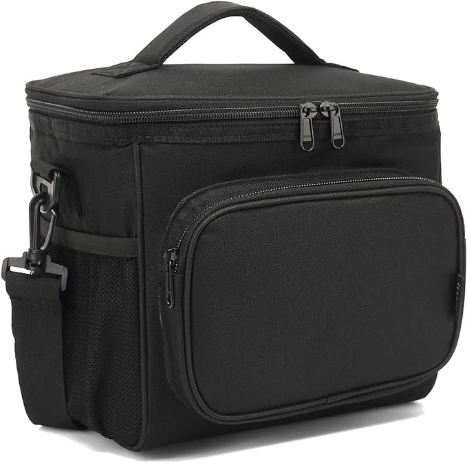 FlowFly Insulated Reusable Lunch Bag Adult Large Lunch Box for Women and Men with Adjustable Shoulder Strap,Front Zipper Pocket and Dual Large Mesh Side Pockets, Black