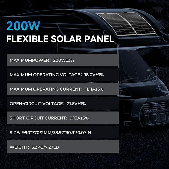 Flexible Solar Panel 200W 23.5% High Efficiency Solar Panels 9BB 12V Monocrystalline Lightweight Module for Off-Grid RV Camping Boat Van Cabin