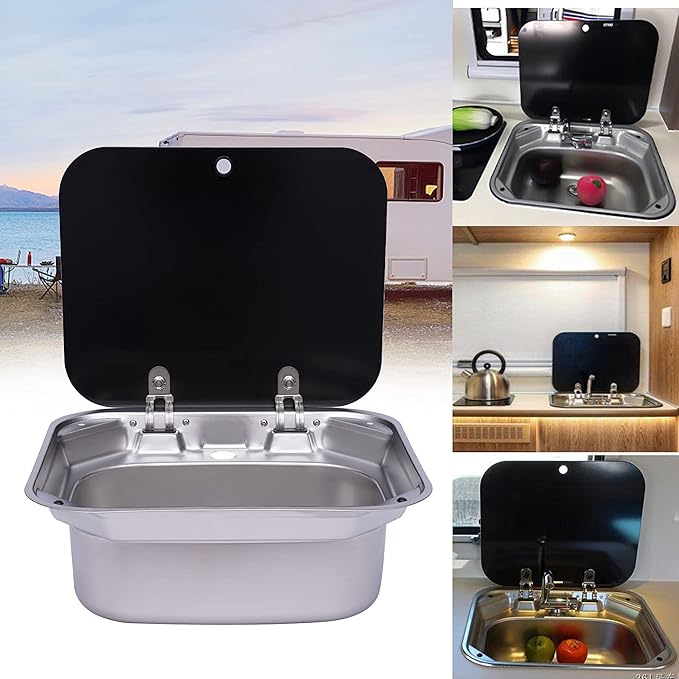 17-Inch Undermount RV Bar Kitchen Sink Workstation Single Bowl Stainless Steel Hand Wash Basin Drop In Sink with Folde Lid Cover Accessories and for RV Bar Cafe Boat Kitchen Camper Van Outdoor BBQ