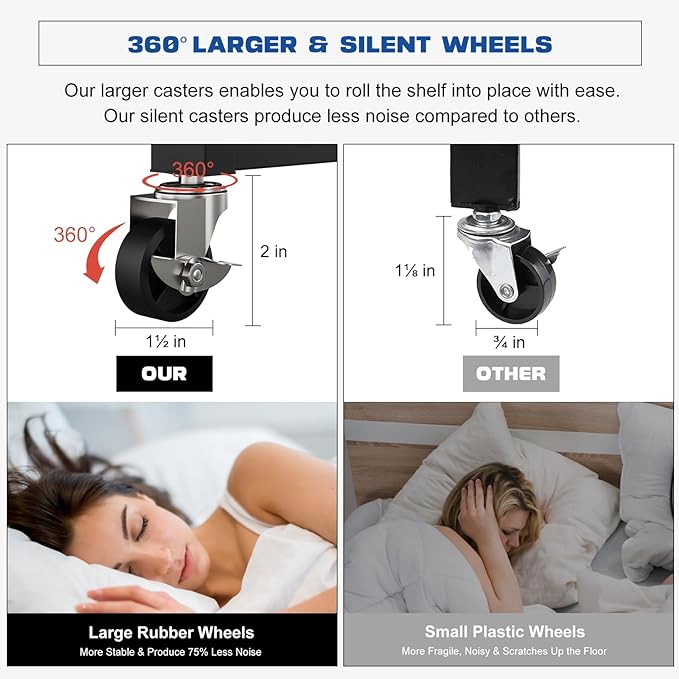 3-Tier Foldable Storage Shelf with Wheels - Metal Rack Collapsible Shelving Unit Display, Rolling Cart for Books Kitchen Storage Shelves, Pantry & Closet Organizer, Office Room Decor