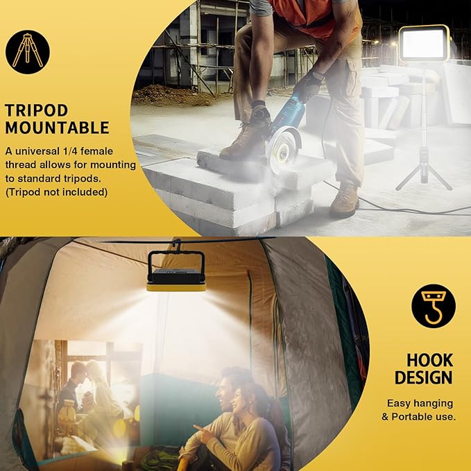 Rechargeable Flood Light with Tripod Hole, Portable COB Work Light Battery Operated, LED Work Lights Waterproof 180° Rotate for Job Site Garage Camping Car Repair, Gifts for Men