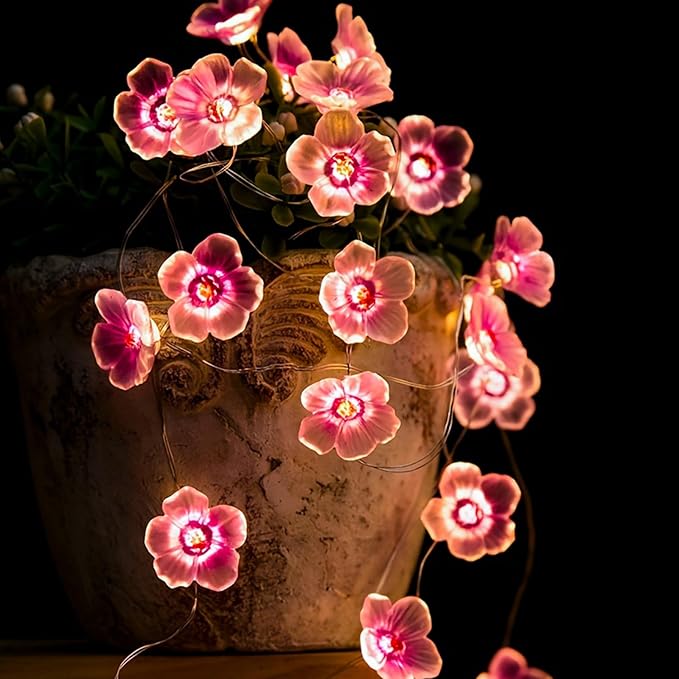 Pink Fairy Cherry Blossom Flower String Lights for Bedroom, USB Plug in and Battery Operated 13ft 40 LED Cute Indoor Outdoor Hanging Decorations for Birthday Wedding Party Christmas Easter