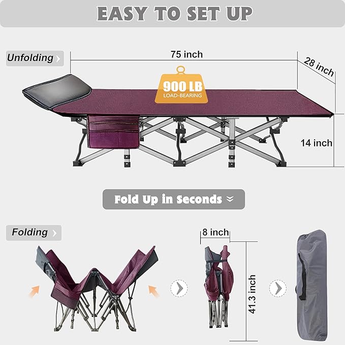 ABORON Folding Camping Cot W/Mat for Adults, Heavy Duty Outdoor Bed with Carry Bag,1200 D Layer Oxford Travel Camp Cots (1, Red Stripe with Blue Pad)