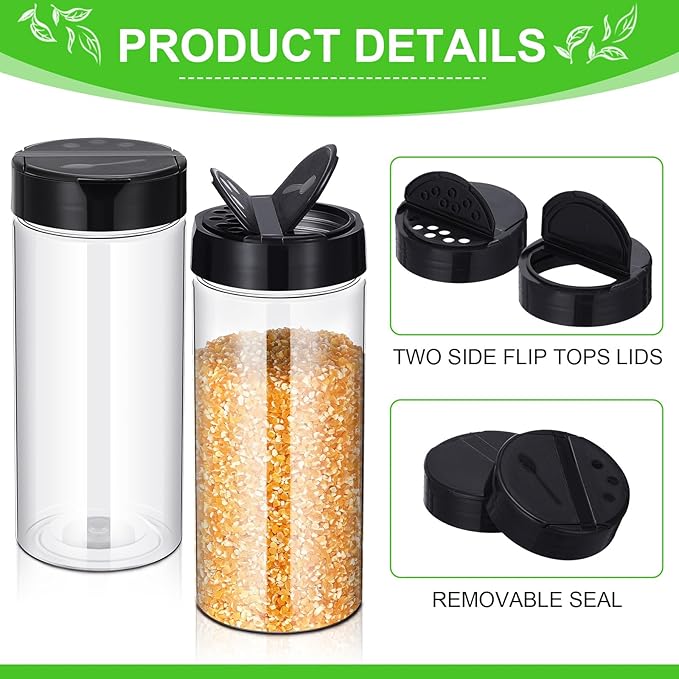 Zhehao 36 Pcs 16 oz Plastic Spice Jars Containers with Black Cap Large Spice Bottles with Shaker Lids for Kitchen Storage Seasoning Powder Herbs Cabinet