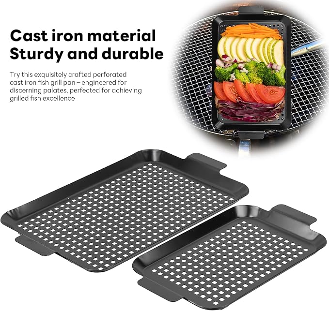 Grill pan, 2 Grilling Tray - Outdoor Grilling Baskets with Hole, 3.0 pounds Good BBQ Grill Set for Camping Vegetable Meat (Black)
