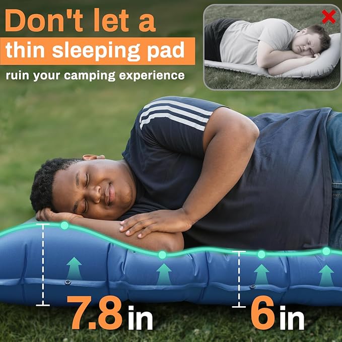 Sleeping Pad, 6 Inch Sleeping Mat Camping Self Inflating Sleeping Pad for Camping with Pillow Built-in Foot Pump, Ultralight Sleeping Pad Backpacking for Travel Hiking Tent Outdoor Adventure Camp Gear