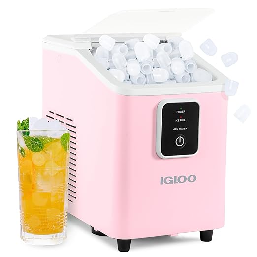 Igloo Self-Cleaning Countertop Ice Maker - Compact and Portable - Creates 26 lbs. Per Day, 8 Pieces Ready Every 7-8 Minutes - Includes Ice Scoop and Basket - Pink