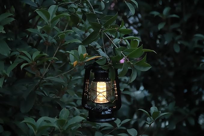 YAKii LED Vintage Lantern Metal Hanging Hurricane 12 LED Dimmer Switch Warm White Battery Operated Power Outage Indoor Camping Lighting Outdoor Brooklyn Decoration(Black)