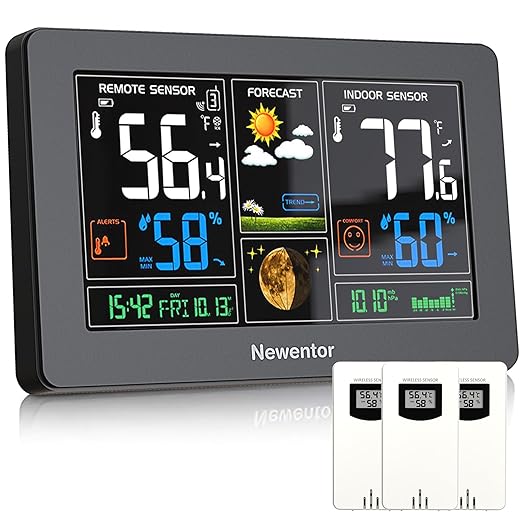 Newentor Weather Station Wireless Indoor Outdoor Thermometer, Color Display Digital Weather Thermometer with Atomic Clock, Barometric Pressure, Forecast Station with Adjustable Backlight,Black,3Sensor