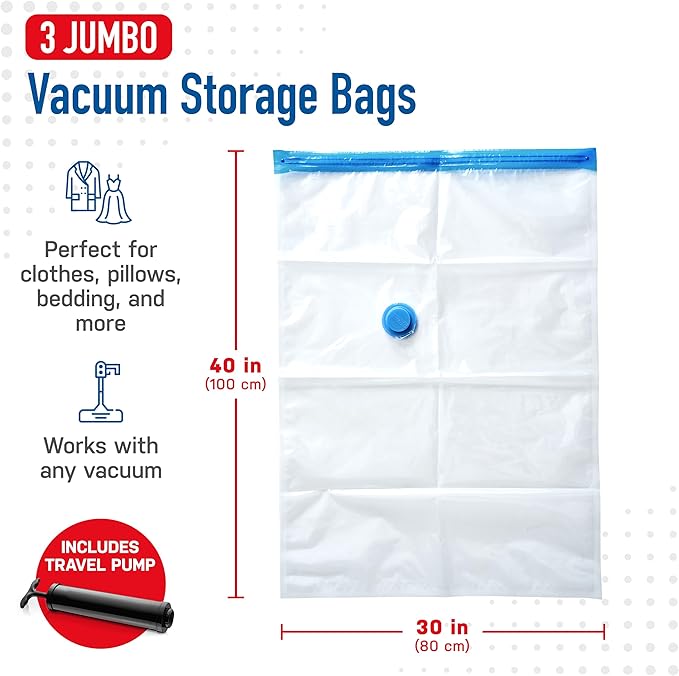 Spacesaver 3 Pack Jumbo Vacuum Storage Bags - 40" x 30 Heavy Duty Blanket Storage Bag with Pump - Space Saver for Clothes, Comforters, and Bedding - Compression Bags to Store Blankets for Travel