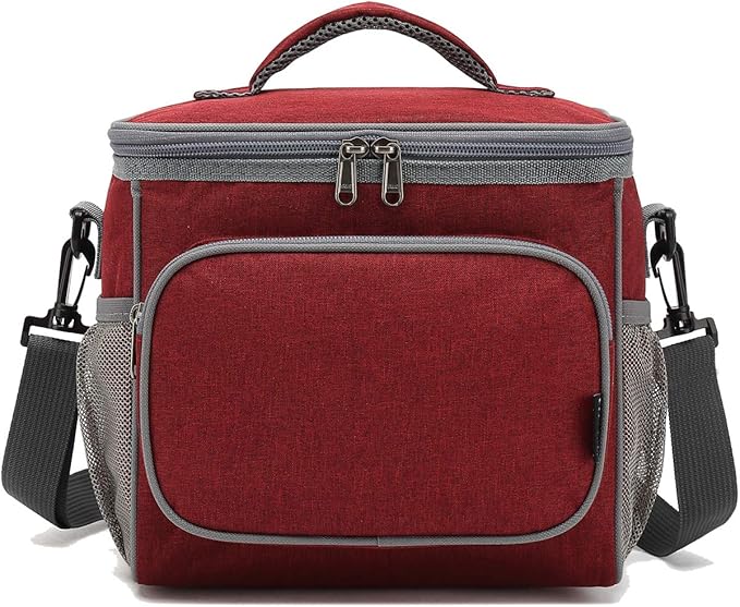 FlowFly Insulated Reusable Lunch Bag Adult Large Lunch Box for Women and Men with Adjustable Shoulder Strap,Front Zipper Pocket and Dual Large Mesh Side Pockets,Red
