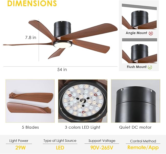 Flush Mount Ceiling Fans with Lights Low Profile - 54" Modern Ceiling Fan, 5 Blades, Reversible and Dimmable LED Light, Indoor Ceiling Fan Light for Bedroom, Covered Outdoor, Brown