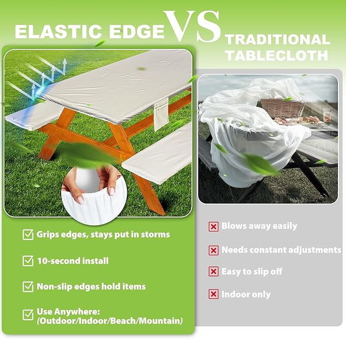 Picnic Table Cover with Bench Covers Vinyl Elastic Edges Fitted Rectangle Seat Tables Waterproof 3-Piece72X30in Set Outdoor Rectangular Folding Backing Tablecloth for Camping Over SizeTie-Dye125