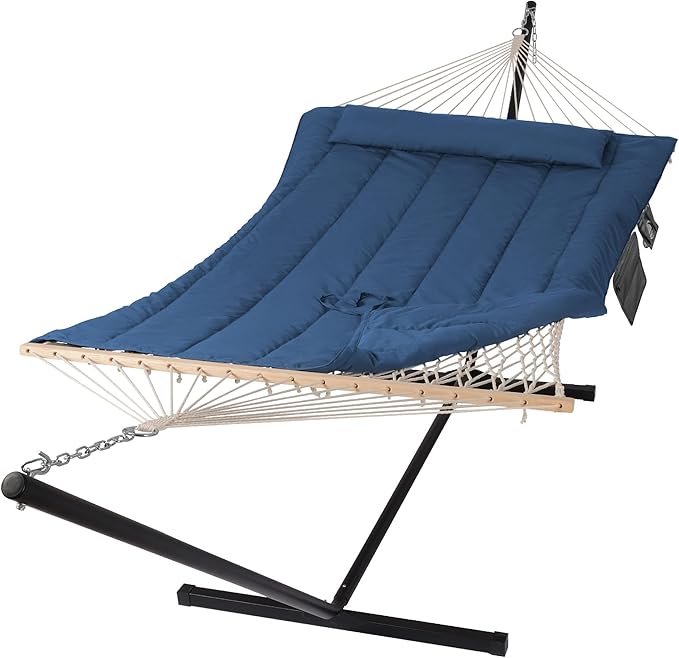 SUNCREAT Double Portable Rope Hammock with Stand Included, Outdoor Two Person Hammock with Polyester Pad, Navy