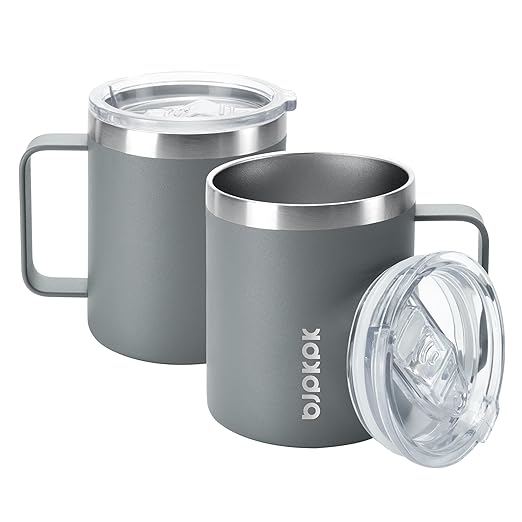 BJPKPK 2 pcs Insulated Coffee Mug, 14oz Insulated Tumbler with Lid, Stainless Steel Coffee Cups with Splash Proof Lid-Gray