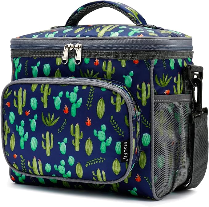 FlowFly Insulated Reusable Lunch Bag Adult Large Lunch Box for Women and Men with Adjustable Shoulder Strap,Front Zipper Pocket and Dual Large Mesh Side Pockets,Cactus
