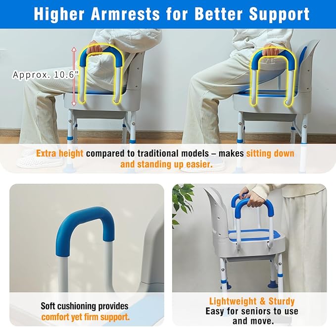 Lumizone Portable Toilet Chair for Elderly Adjustable Bedside Commode with Armrests & Sliding Bucket 5-Level Height Odor-Proof Double Lid Non-Slip Feet Supports 220 lbs, Lightweight for Home/Travel