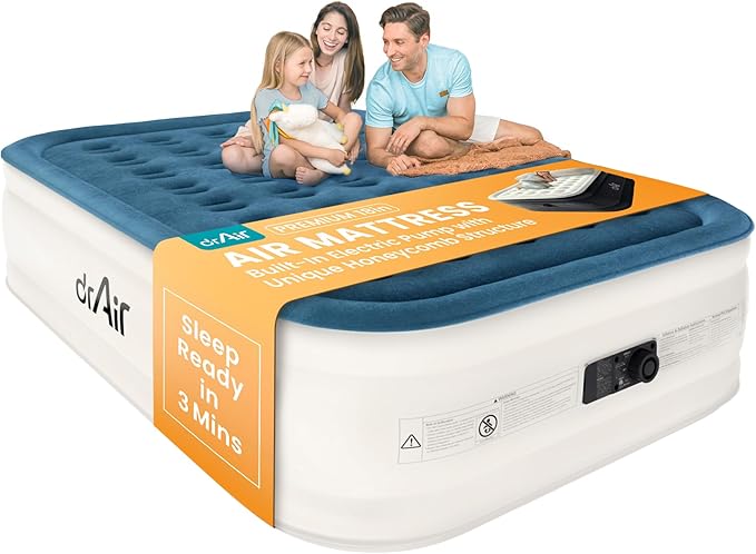 Queen Air Mattress, 18” Raised Inflatable Bed with Built-in Pump, Waterproof Velvety Top, Ergonomic Design, Reinforced Support, and Carry Bag for Home, Camping, and Guests