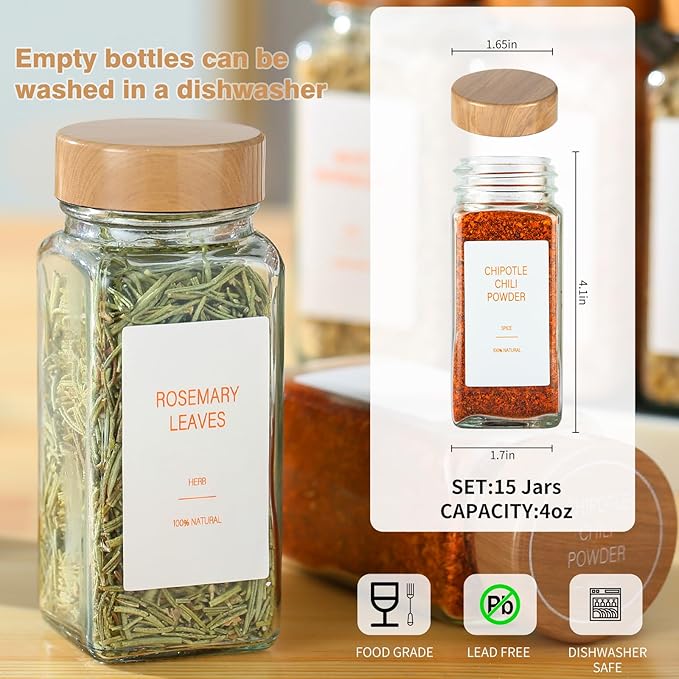 Spice Jars with Label，4oz Seasoning Containers, Glass Spice Bottles with Shaker Lids,Funnel, Chalk Pen (48)