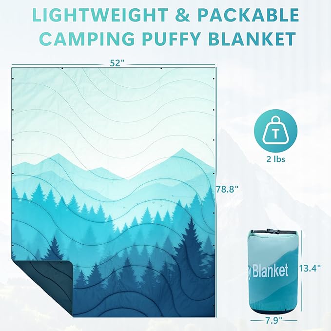 Camping Outdoor Blanket, Ultralight Down Alternative Printed Travel Camp Blankets for Sleeping Packable Waterproof Puffy Camping Quilt for Hammock Hiking Picnic Stadium Beach Cold Weather 55"x78.8"