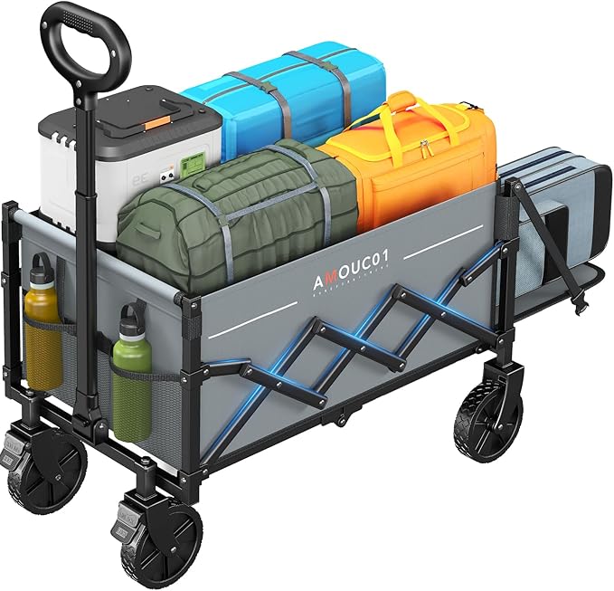 Small Wagon Cart Foldable, Collapsible Wagon with 360 LBS Max Load & Expandable Storage, 90L Foldable Grocery Cart with 2 Cup Holders for Outdoor, Garden, Camping &Groceries-Grey